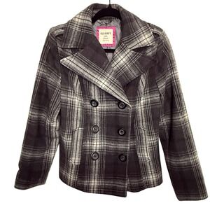 Old Navy Pea Coat Womens Small Gray Plaid Excellent Wool Blend Double Breasted